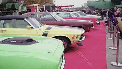 Old Retro Car Show. Camera fly through the exhibition with classic cars, 09.07.2019 Ukraine, Kiev