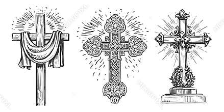 Cross symbol of faith in God. Biblical sign. Catholicism, christianity religious elements. Vintage vector illustration