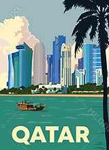 Qatar travel poster with city skyline illustration