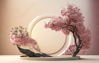 Cherry blossoms and round podium on a brown background. Cherry blossoms in spring.