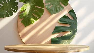 Wooden podium with monstera leaf in sunlight. Copy space.