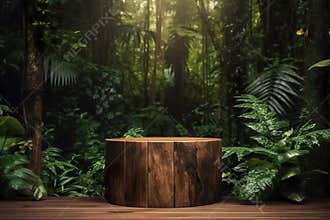 Wooden product display stand in the forest. podium for display your product.