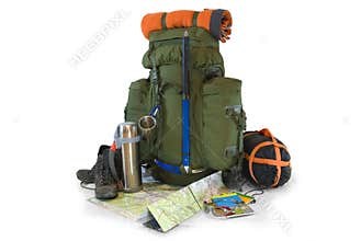 Backpack with tourist equipment on white