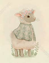 Pastel vintage sheep drawing, easter sheep, kids birthday card, illustration for children\'s books