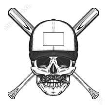 Skull in cap and mustache with baseball bat club emblem design elements template in vintage monochrome style isolated vector