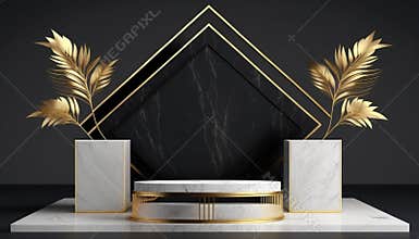 Luxury white Marble podium and golden leaves decoration for your product display.