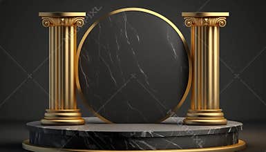 Golden & Black Marble surrounded with Classic podium for presentation.