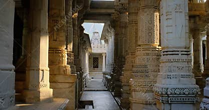 Interior of beautiful Ranakpur Jain temple or Chaturmukha Dharana Vihara mandir in Ranakpur, Rajasthan. India