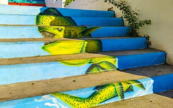 Stairs with fish graffiti art drawings paintings Puerto Escondido Mexico