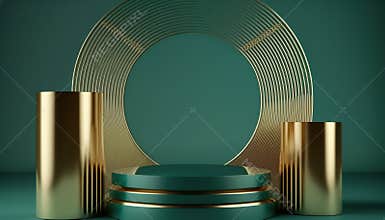 3d Round pedestals green cylinder gold decor podium for your product presentation.