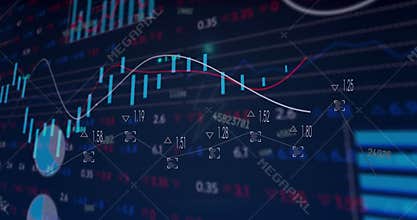 Animation of thunderbolt icon over stock market data processing against blue background