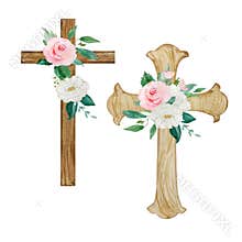 Watercolor crosses decorated with flowers, Easter religious symbo