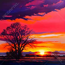 landscape of the sunset in the midst of trees and green spaces