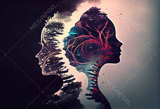 Mental health concept, double face portrait of a human with bipolar personality disorder or mood and attention disorder