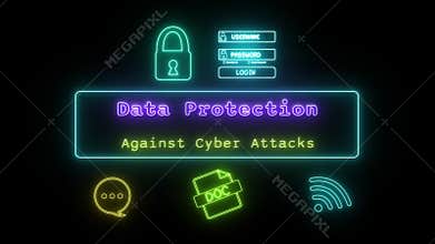 data protection against cyber attacks Neon pink-green Fluorescent Text Animation blue frame black background