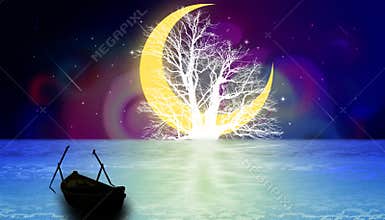 Abstract night fantasy digital art background. night shooting star, night moon on the ocean.