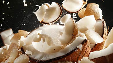 A close-up shot of a partially consumed coconut, ideal for use in food or still life photography