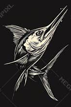 A black and white drawing of a fish with a swordfish tail