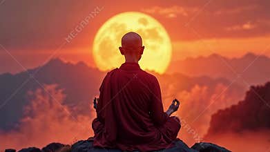 Buddhist monk meditating on the mountain at dawn. Spiritual contemplation with breathtaking scenery. Concept of Buddhism, prayer