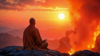 Buddhist monk meditating on the mountain at dawn. Spiritual contemplation with breathtaking scenery. Concept of Buddhism, prayer