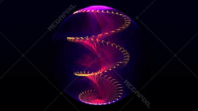 Transparent ethereal sphere background with spiral purple orange energy waves and patterns inside