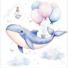 A beautiful clip art composition featuring a lighthouse, sailing whale, air balloons, and a flying whale. Stock