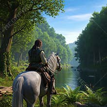 An AI generated image of a lone medieval fantasy wanderer riding a horse in forested wilderness