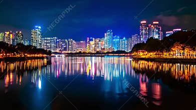 City Night Scene Light Reflections in Water