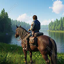 An AI generated image of a solitary medieval fantasy traveller riding a horse in forested wilderness