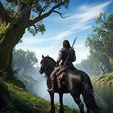 An AI generated image of a lone medieval fantasy traveller riding a horse in forested wilderness