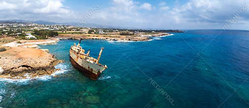 Aerial View of Edro III Shipwreck and Rocky Coastline in Cyprus