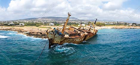 Aerial View of Edro III Shipwreck Near Cyprus Coastline