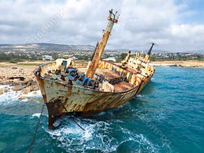 Aerial View of Edro III Shipwreck Near Rocky Coastline in Cyprus