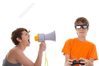 Angry mother of teen playing computer games
