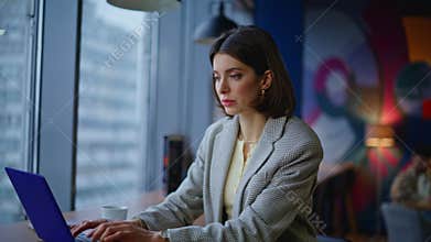 Entrepreneur working laptop coffee shop thinking portrait. Author writing book