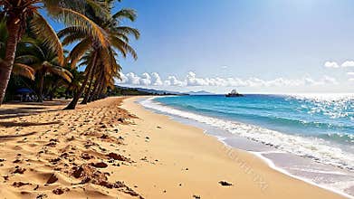 A wide expanse of golden sand meets a vibrant turquoise sea under a bright, tropical sun. The sand is warm to Generative AI