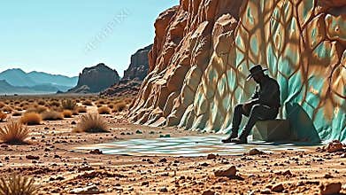 Image: Daytime photograph, Western adventure, turquoise tones dominating, Rough grain texture highlights the deserts Generative AI