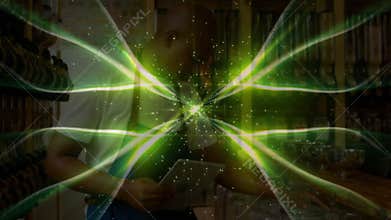 Green beams revealing man wearing apron scanning grocery shelves and dispensing grains, filling bag