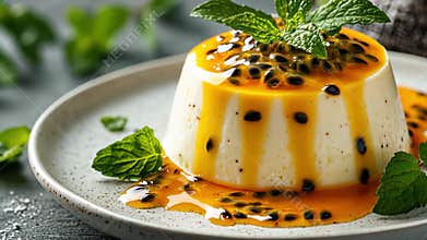 Creamy panna cotta is topped with bright passion fruit sauce and garnished with mint leaves