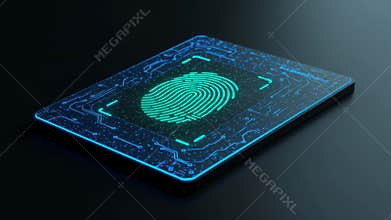 Digital Tablet Displaying Blue Fingerprint Security Scan on Black Background