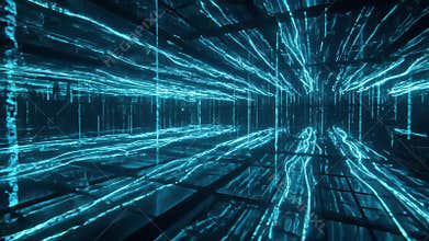 Digital Square Tunnel with Blue Glowing Lines Abstract Cyber Future Concept
