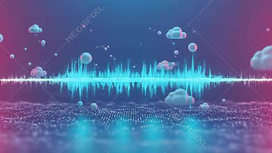 Electronic Audio Waveform with 3D Cloud Elements on Blue and Pink Gradient