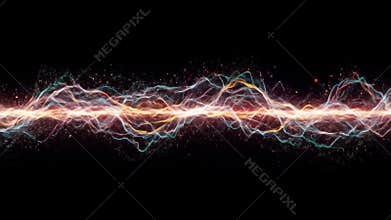 Abstract Wavy Lines and Glowing Particles on Black Background Digital Render