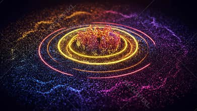 Vibrant Swirling Particles on Dark Background with Ring Shaped Light in Center