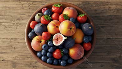 Bowl of Assorted Fruits on a Wooden Table in Top View Still Life Photo