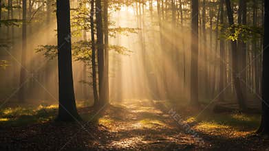 Sun Rays Through Tall Trees Creating a Golden Light in a Lush Forest