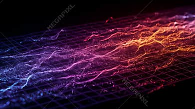 Abstract Data Network Grid in Violet and Orange Wave With Particle Effects