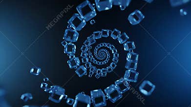 Abstract Spiral of Clear Cubes Against Deep Blue Background in 3D Render