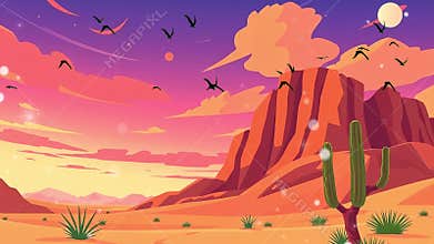 Desert Sunset Serenade: A Tranquil Oasis with Towering Cacti and Flocks of Birds Against a Painted Sky