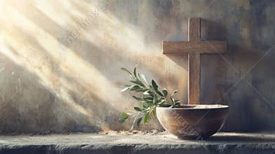 Bowl with ashes, olive branch and cross, symbols of Ash Wednesday